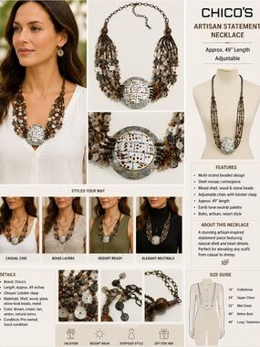 Chico's Artisan Statement Necklace Multi Strand Shell Mosaic Beaded 49"